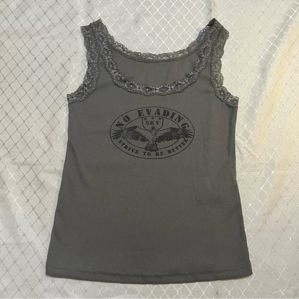 💵 $5 ADD-ON | DAZY Dark Grey Eagle Graphic Lace Trim Tank Top Y2K